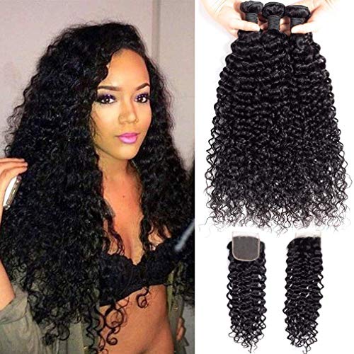 Ainimiu 12A Brazilian Virgin Curly Wave Human Hair 3 Bundles with Lace Closure 100% Unprocessed Brazilian Jerry Curly Hair Weave Bundles