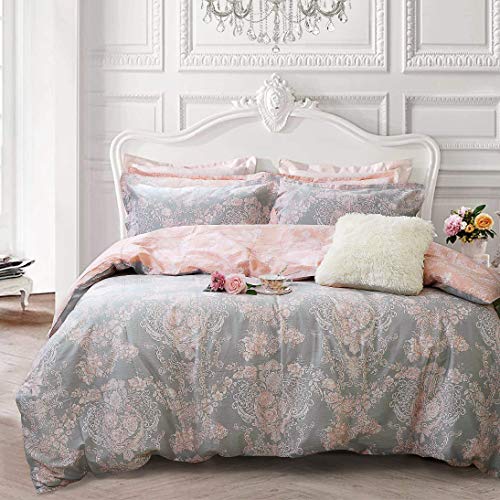 Brandream Blush Pink Bedding Sets Queen Size 100% Cotton Girls Damask Flower Bedding Duvet Cover Set Reversible 3-Piece(Comforte