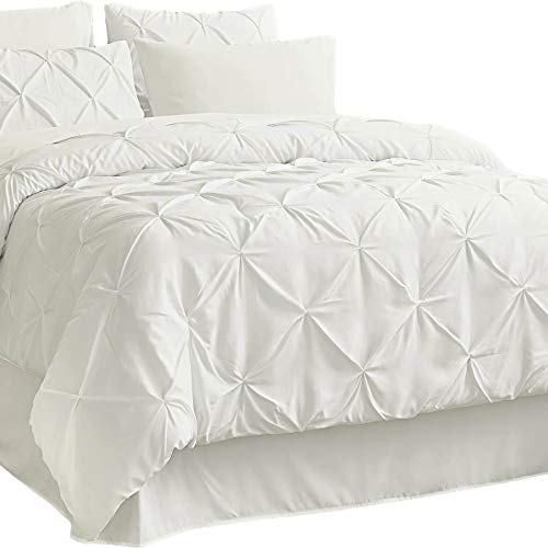 Bedsure Cream Comforter Set Queen - 8 Pieces Pintuck Ivory Comforter Set Queen, Cream Queen Bed Set with Comforters, Sheets, Pil
