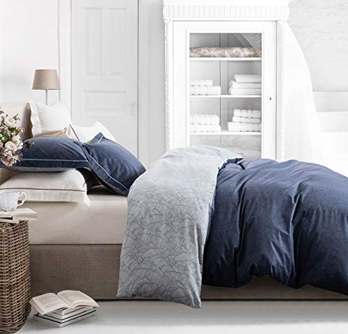 SLEEPBELLA King Size Comforter Set Navy & Grey Leaves Pattern Reversible Design 100% Cotton Fabric, Ultra Soft Microfiber Inner 