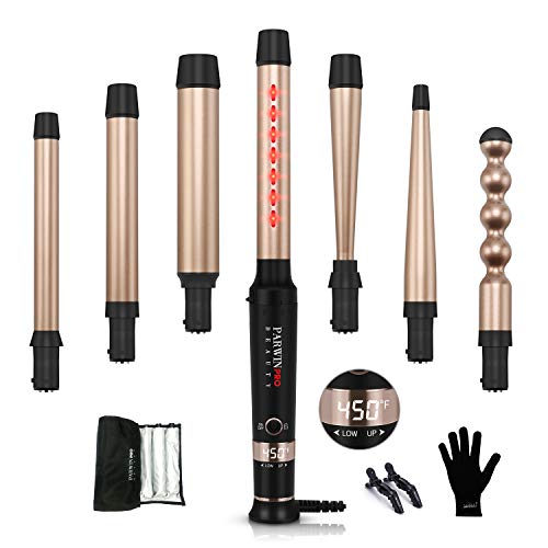 PARWIN PRO BEAUTY 7 -in-1 Infrared Curling Iron Wand Set ,Dual Voltage Curling Wand with Temperature Control , Auto Shut Off ,Hair Curler for Wavy