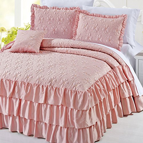 Home Soft Things 4 Piece Matte Satin Ruffle Quilted Bedspread Set 24" Drop Ruffled Style Bed Skirt Coverlets Lightweight Reversi