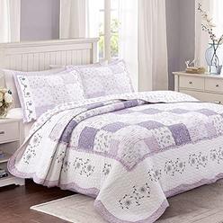Cozy Line Home Fashions Love of Lilac Bedding Quilt Set, Light Purple Orchid Lavender Floral Real Patchwork 100% Cotton Reversib