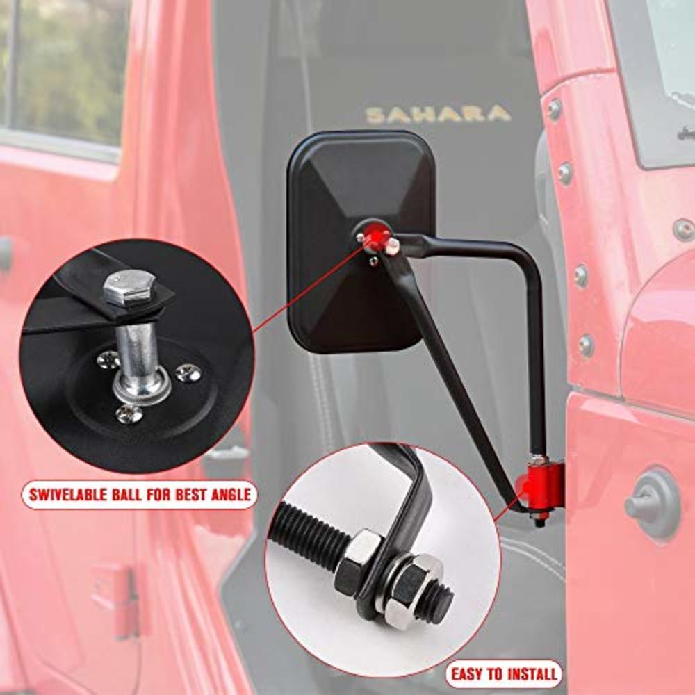 JeCar Side Mirrors Square Doorless Rear View Quick Release Mirrors for Jeep  Wrangler CJ YJ TJ