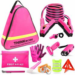 THINKWORK Car Emergency Kit for Teen Girl and Ladys Gifts, Pink Emergency Roadside Assistance kit with 10FT Jumper, First Aid Ki