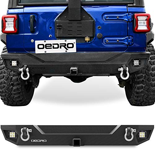OEDRO Rear Bumper, Compatible for 2018-2022 Jeep Wrangler JL, Rock Crawler Bumper with Hitch Receiver 2 x LED Lights & 2 x D-Rin