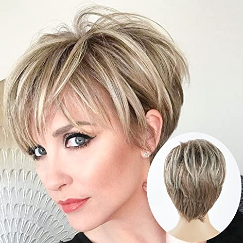 Lady Miranda Brown Mixed Blonde Color Short Layer Nature Curly with Bangs Synthetic Wig Heat Resistant Weave Full Wigs for Women