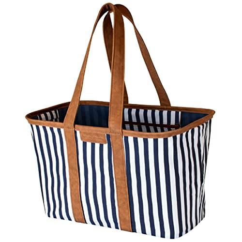 CleverMade 30L SnapBasket LUXE - Reusable Collapsible Durable Grocery Shopping Bag - Heavy Duty Large Structured Tote, Navy Stri