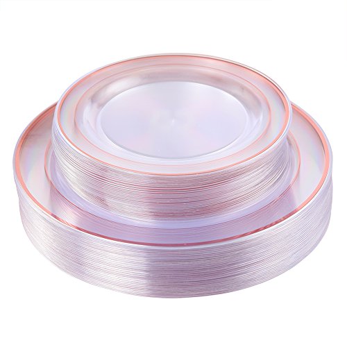 I00000 Rose Gold Plates 60 Pieces, Clear Plastic Party Plates, Premium Heavyweight Disposable Wedding Plates Includes: 30 Dinner