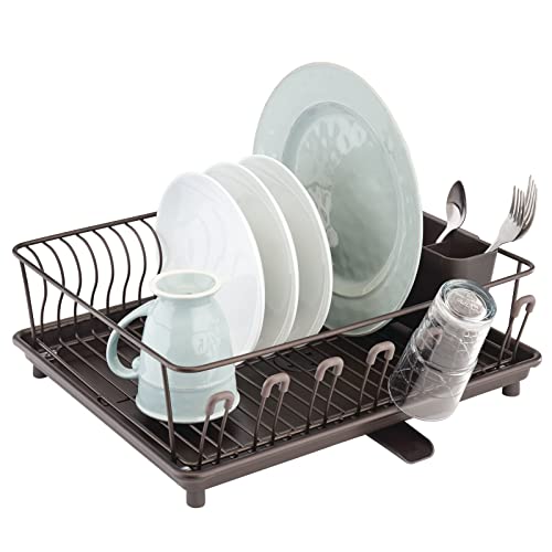 mDesign Large Metal Kitchen Countertop, Sink Dish Drying Rack - Removable Plastic Cutlery Tray, Drainboard with Adjustable Swive
