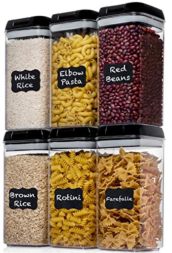 Shazo Airtight Food Storage Container (Set of 6) - BONUS Measuring Cup -  Labels & Marker - Durable Plastic - BPA Free - Clear wi
