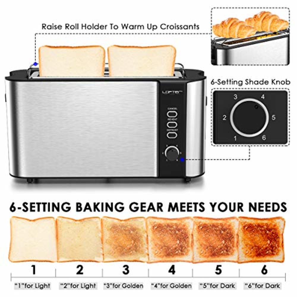 Lofter Long Slot Toaster, 2 Slice Toaster Best Rated Prime with Warming Rack, 1.7 Extra Wide Slots Stainless Steel Toasters, 6 Bread Sh