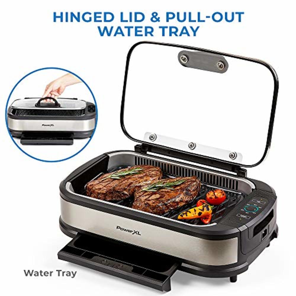 PowerXL Smokeless Grill with Tempered Glass Lid with Interchanable Griddle Plate and Turbo Speed Smoke Extractor Technology. Mak