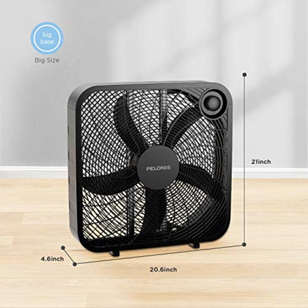 PELONIS PFB50A2ABB-V 3-Speed Box Fan for Full-Force Circulation with Air Conditioner, Black, 2020 New Model