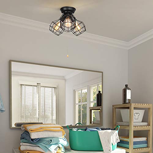 Laluz LA LUZ Ceiling Light Fixture, Pull String Light Fixture for Bedroom, Industrial Metal Wire Cage in Oil Black, 3-Light, 15"W x 9.