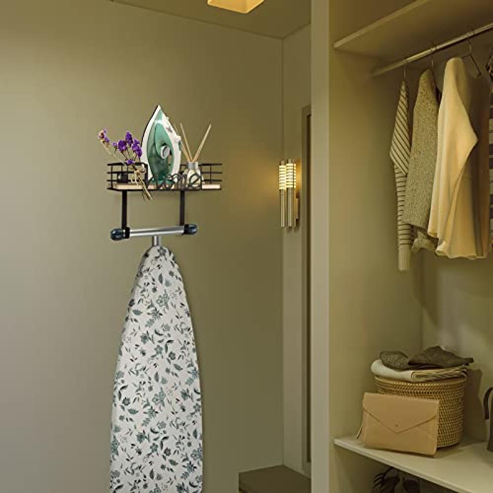 TJ.MOREE Ironing Board Hanger - Laundry Room Iron and Ironing Board Holder, Metal Wall Mount with Large Storage Wooden Base Bask