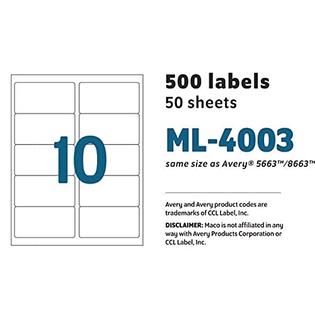 MACO Laser/Ink Jet Matte Clear Shipping Labels, 2 x 4-1/4 Inches, 10 Per Sheet, 500 Per Box (ML-4003)