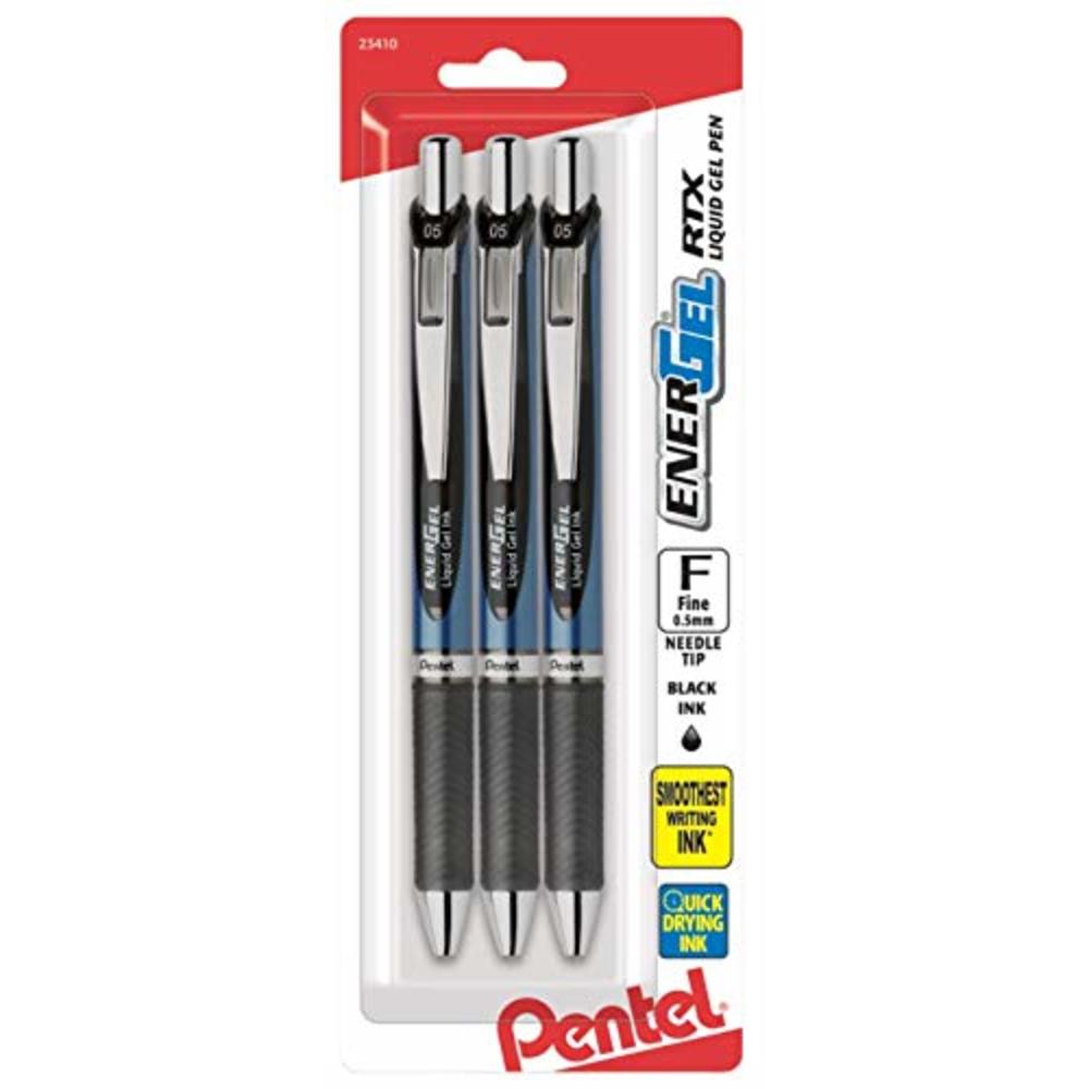 Pentel EnerGel Deluxe RTX Retractable Pens, Needle Point, 0.5 mm, Assorted Barrels, Black Ink, Pack of 3