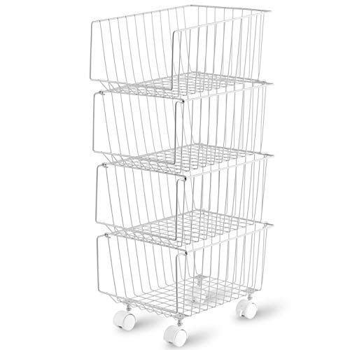 Buruis Rolling Stackable Storage Bin, Modern 4 Tiers Basket with Lockable Casters, Utility Storage Organizer for Kitchen, Pantry, Close