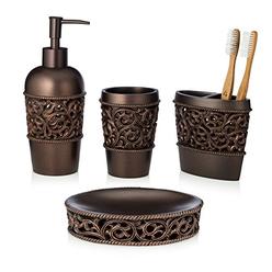 Essentra Home 4-Piece Bronze Bathroom Accessory Set, Complete Set Includes: Toothbrush Holder, Lotion Dispenser, Tumbler and Soa