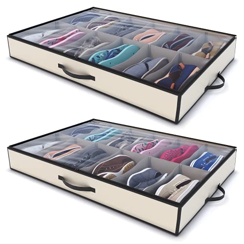 Woffit Under Bed Shoe Storage Organizer ? Set of 2 Large Containers, Each Fit 12 Pairs of Shoes ? Sturdy Box w/ Strong Zipper & 