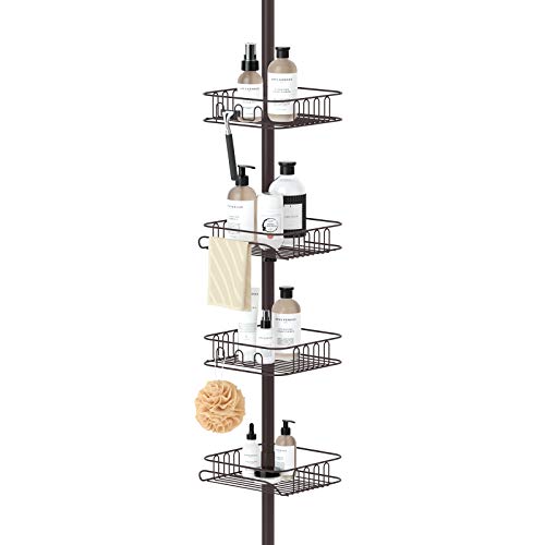SEIRIONE Tension Corner Shower Pole Caddy, Rustproof Stainless Steel, 4 Tier Adjustable Baskets for Organizing Hand Soap, Body W