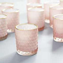 SHMILMH Pink Votive Candle Holders Set of 24, Christmas Glass Tealight Holders Bulk with Gold Rim, Tea Candle Holder for Wedding