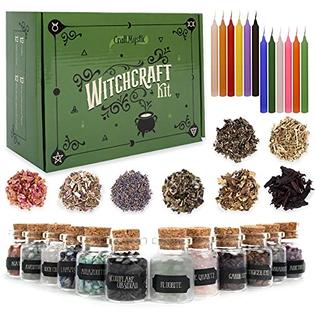 CraftMystic Witchcraft Supplies Box for Witch Spells – 36 Kit Mini Crystals  Jars Dried Herbs and Colored Candles for Beginners Witches Pagan