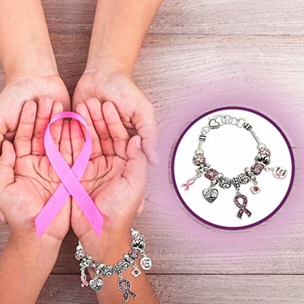 Lola Bella Gifts Crystal " Keep the Faith" Pink Ribbon Breast Cancer Awareness Charm Bracelet with Gift Box