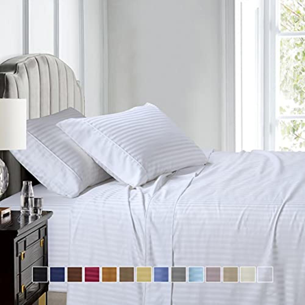Royal Hotel Bedding Royal Hotel Stripe Sheets - 600 Thread Count - 4PC Bed Sheet Set - 100% Cotton - Sateen Stripe, Deep Pocket, Full Size, White