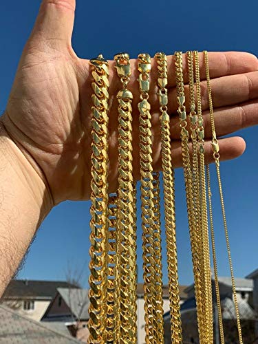 HarlemBling Solid 925 Sterling Silver Miami Cuban Link Chain - 14k Gold Plated - 2-12mm 18-30"- Great Mens Or Ladies Heavy Necklace for Pend