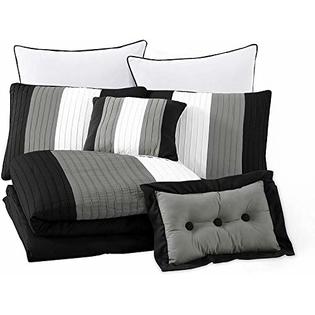 Chezmoi Collection 8-Piece Black Gray White Pleated Stripe Comforter Set  King Size Bedding Set