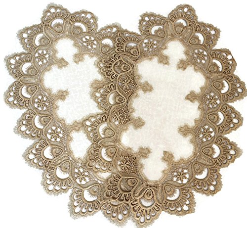 Doily Boutique Place Mats Set of 2 with European Gold Lace on Antique White Fabric Size 12 x 18 inches