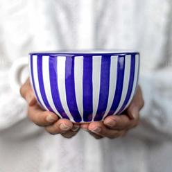 City to Cottage Handmade Ceramic Designer Navy Blue Stripe Cup, Unique Extra Large 17.5oz/500ml Pottery Cappuccino, Coffee, Tea, Soup Mug | Hous