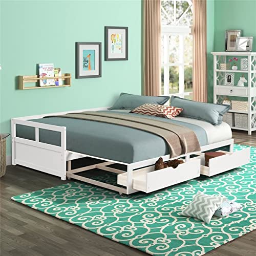 Hanway Twin Daybed with Two Drawers - White Solid Pine Wood Material - Extendable to Full Size Bed Frame with Extra Storage Draw