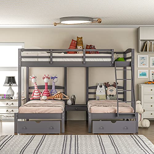 FLIEKS Triple Bunk Bed Full Over 2 Twin Bunk Bed with 3 Drawers and Guardrails, Bunk Bed for Family, Teens, No Box Spring Needed