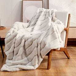 Cozy Bliss Luxury Super Soft Striped Faux Fur Throw Blanket for Couch, 50"x60" Beige, Warm Milky Plush Blanket for Sofa Bed Livi