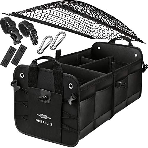 DURABLEZ Trunk Organizer with Covering Net, Attachable Non-Slip Pads, and Stainless Hooks, Black