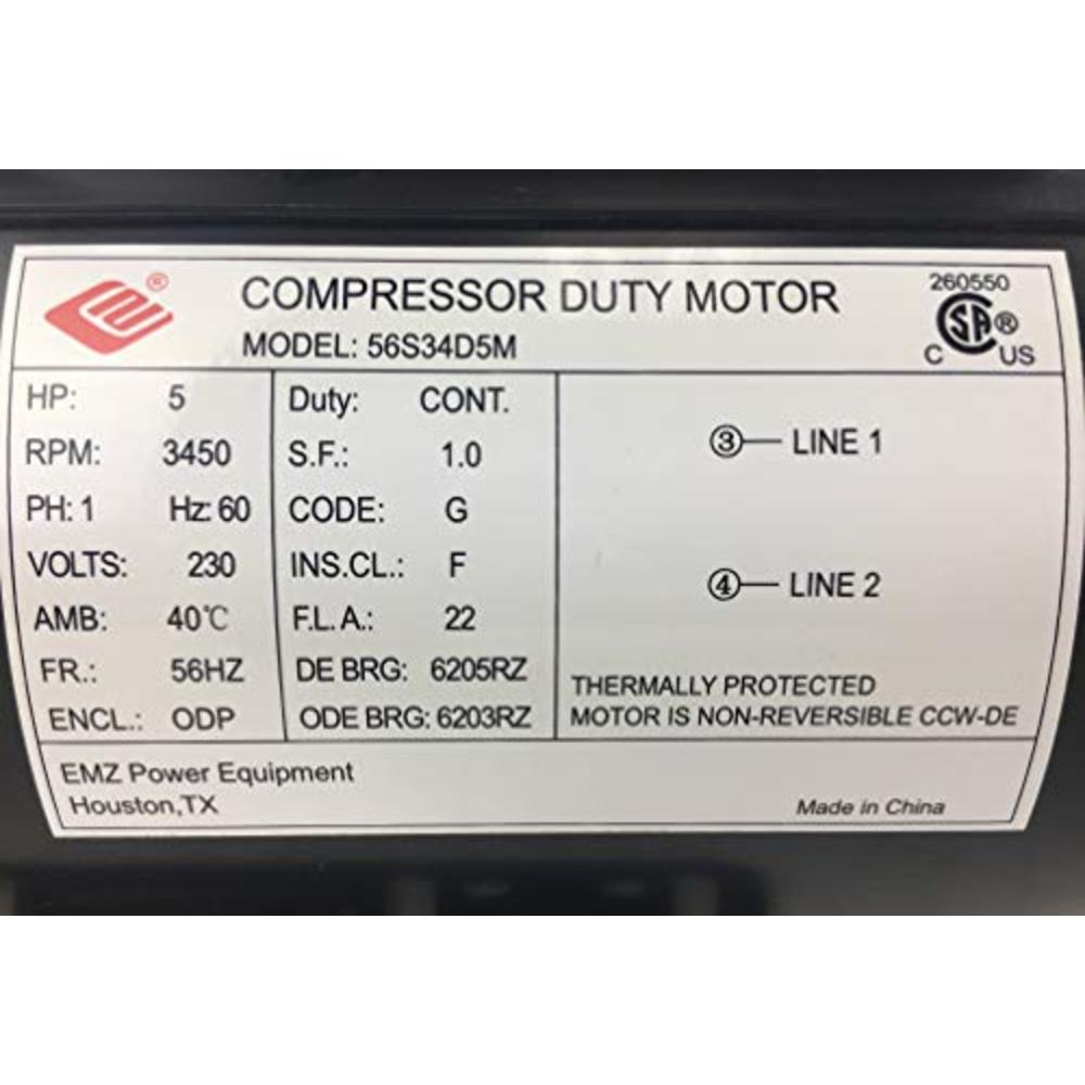 EMZ 5 HP 3450 RPM, 56 Frame, 230V, 22Amp, 7/8" Shaft, Single Phase NEMA Air Compressor Motor - EM-05