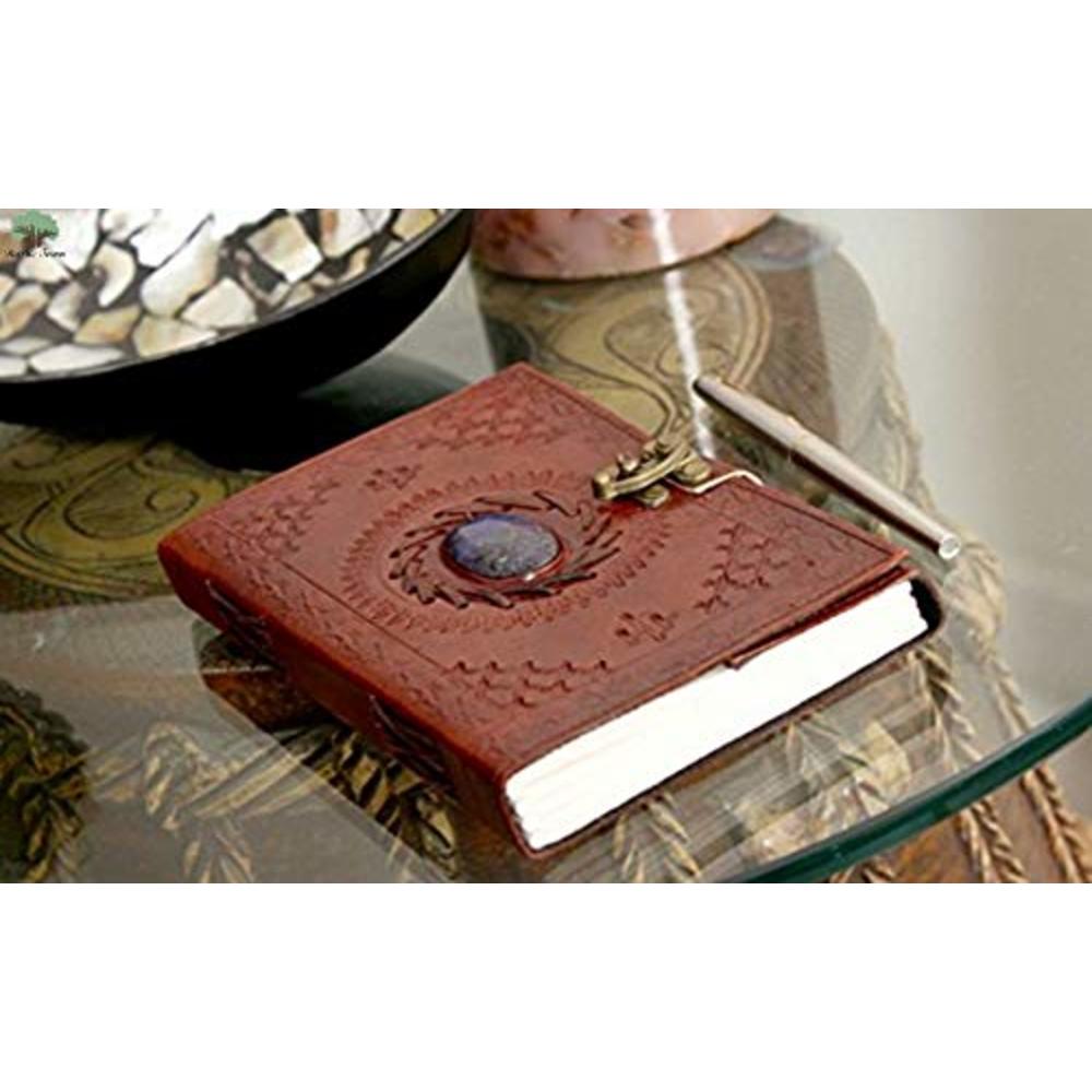 Rustic Town Leather Bound Journal for Men Women with Semi-Precious Stone & Buckle Closure - Book of Shadow Handmade Leather Travel Writing N