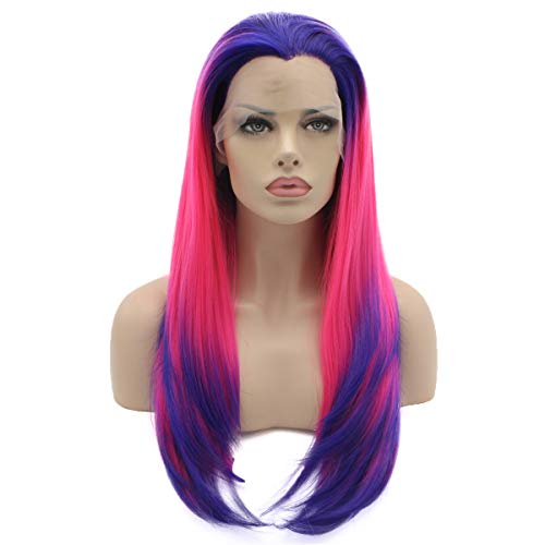 Lushy Straight Long Purple Root To Rose Red Ombre Wig Half Hand Tied Heat Resistant Heavy Density Synthetic Lace Front Wig