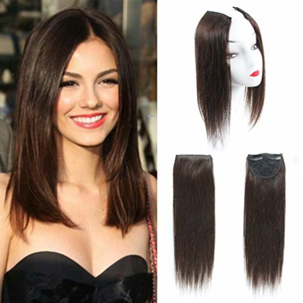 AOSOME 2 Pieces Dark Brown Human Hair Clip in Hair Extensions 14inch, Straight Hairpiece about 25g/pc,total 50g
