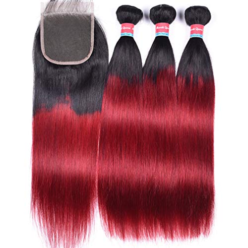 Puromi Hair 9A Grade Brazilian Straight Hair Bundles With 44 Lace Closure  T1B/Burgundy Ombre Human Hair Extensions Red Color Hai