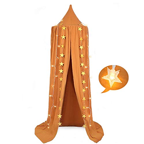 FRIDEKO HOME Frideko Bed Canopy, Princess Gauze Mosquito Net+ USB Warm White Star Fairy String Lights & Yellow Star Flag for Playing Beach Ho