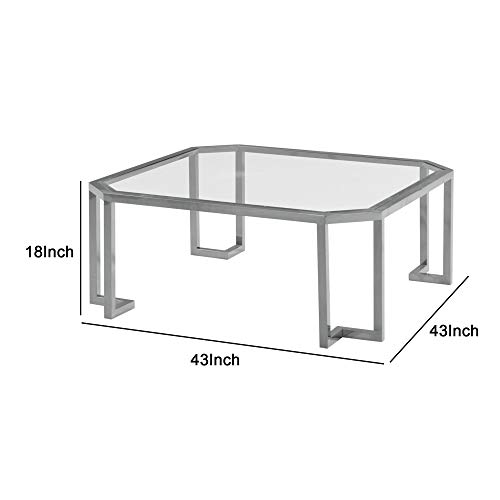 Benjara Glass Top Coffee Table with Clippedecorner and Metal Tube Base, Silver
