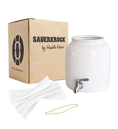 Humble House SAUERKROCK TAP Kombucha Crock with Stainless Steel Spigot and Cotton Cloth Cover - 5 Liter (1.3 Gallon) Ceramic Jar
