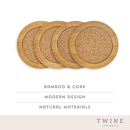 Twine Bamboo and Cork, Stable Round Coaster Set Absorbent, for Hot or Cold Drinks, Protect Furniture and Tables, Set of 4, Set o