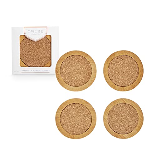 Twine Bamboo and Cork, Stable Round Coaster Set Absorbent, for Hot or Cold Drinks, Protect Furniture and Tables, Set of 4, Set o
