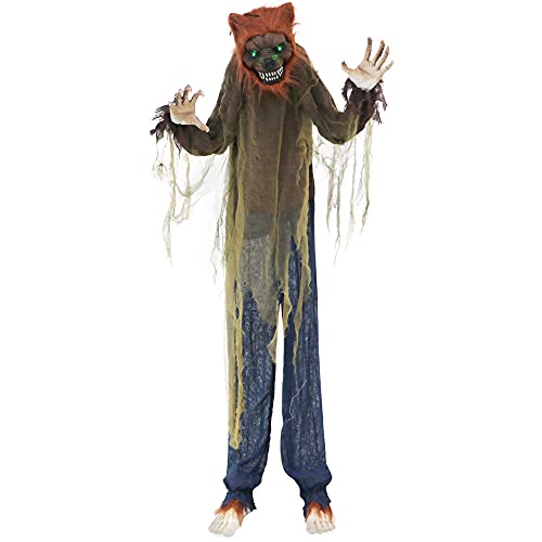 Haunted Hill Farm 5.2 ft. Animated Standing Wolf Halloween Prop | Touch Activated | Light-up Green Eyes | Bendable Arms | Batter