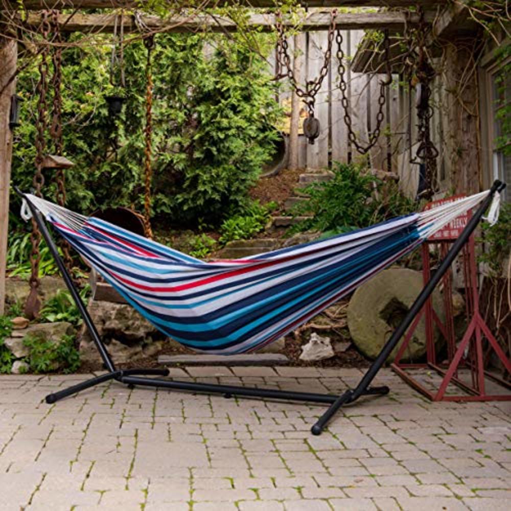 Vivere Double Cotton Hammock with Space Saving Steel Stand, Denim (450 lb Capacity - Premium Carry Bag Included), Denim with Cha